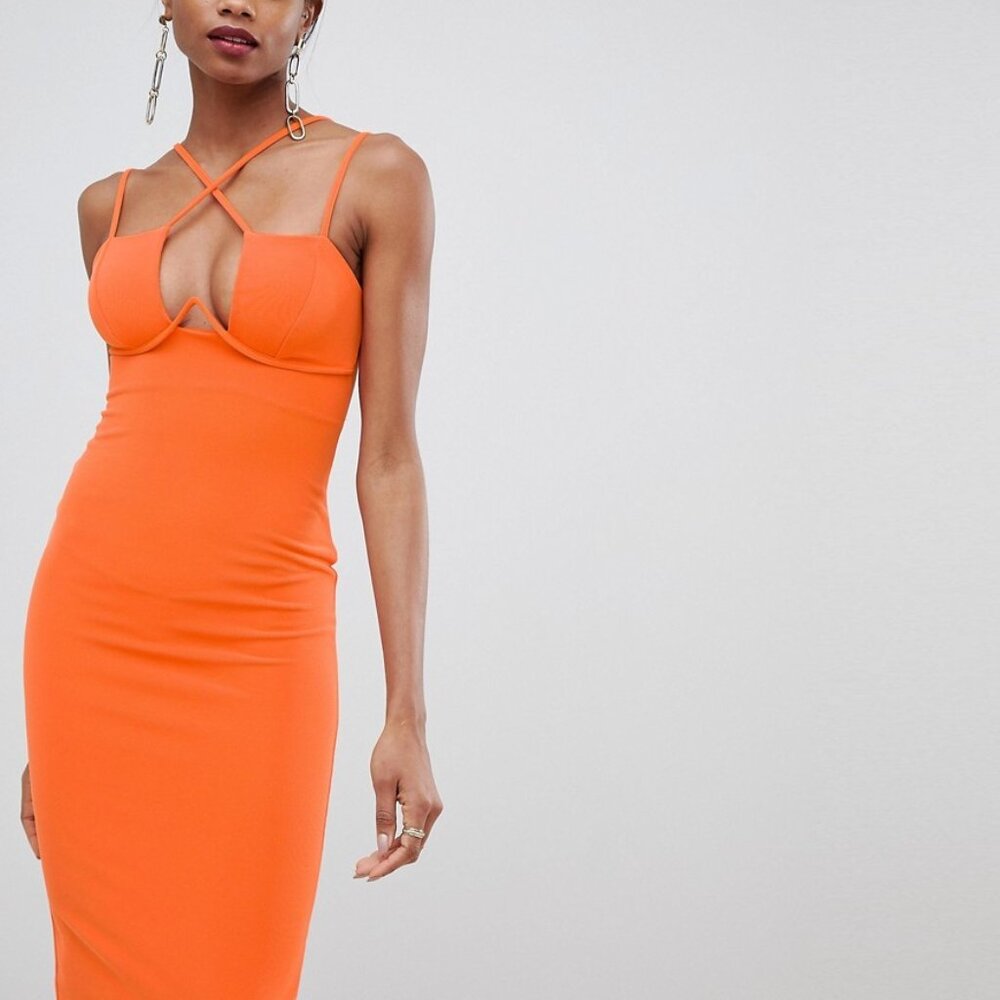 ASOS DESIGN Strappy Underwire Bodycon Midi Dress - Orange / US 8